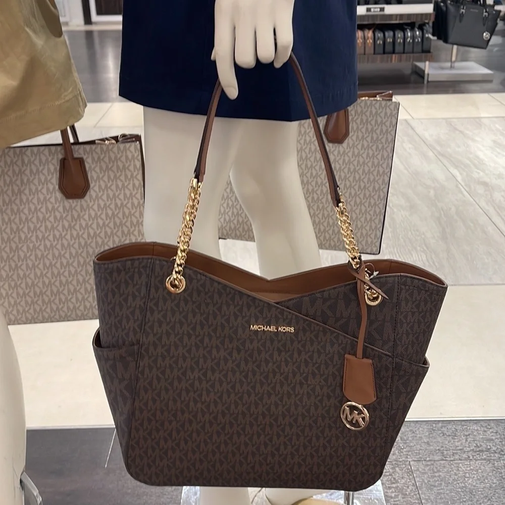 Michael Kors Jet Set Travel Large Chained Tote Shoulder Bag MK Brown NWT